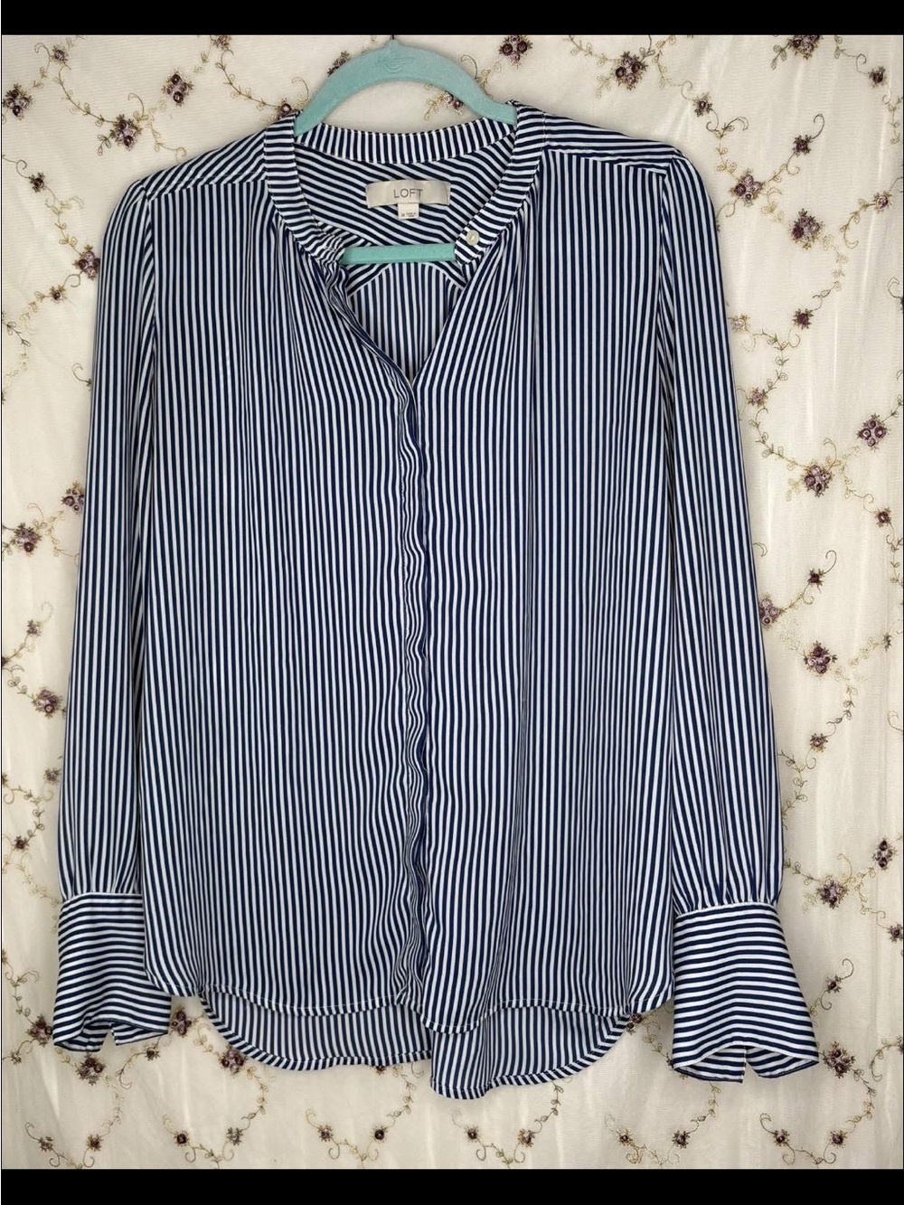 LOFT Navy & White Vertical Stripe Button-Down Shirt